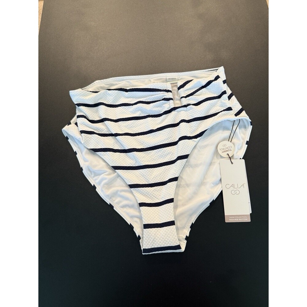 Calia High Rise Swim Bottom Womens Medium White Blue Stripe Textured NWT